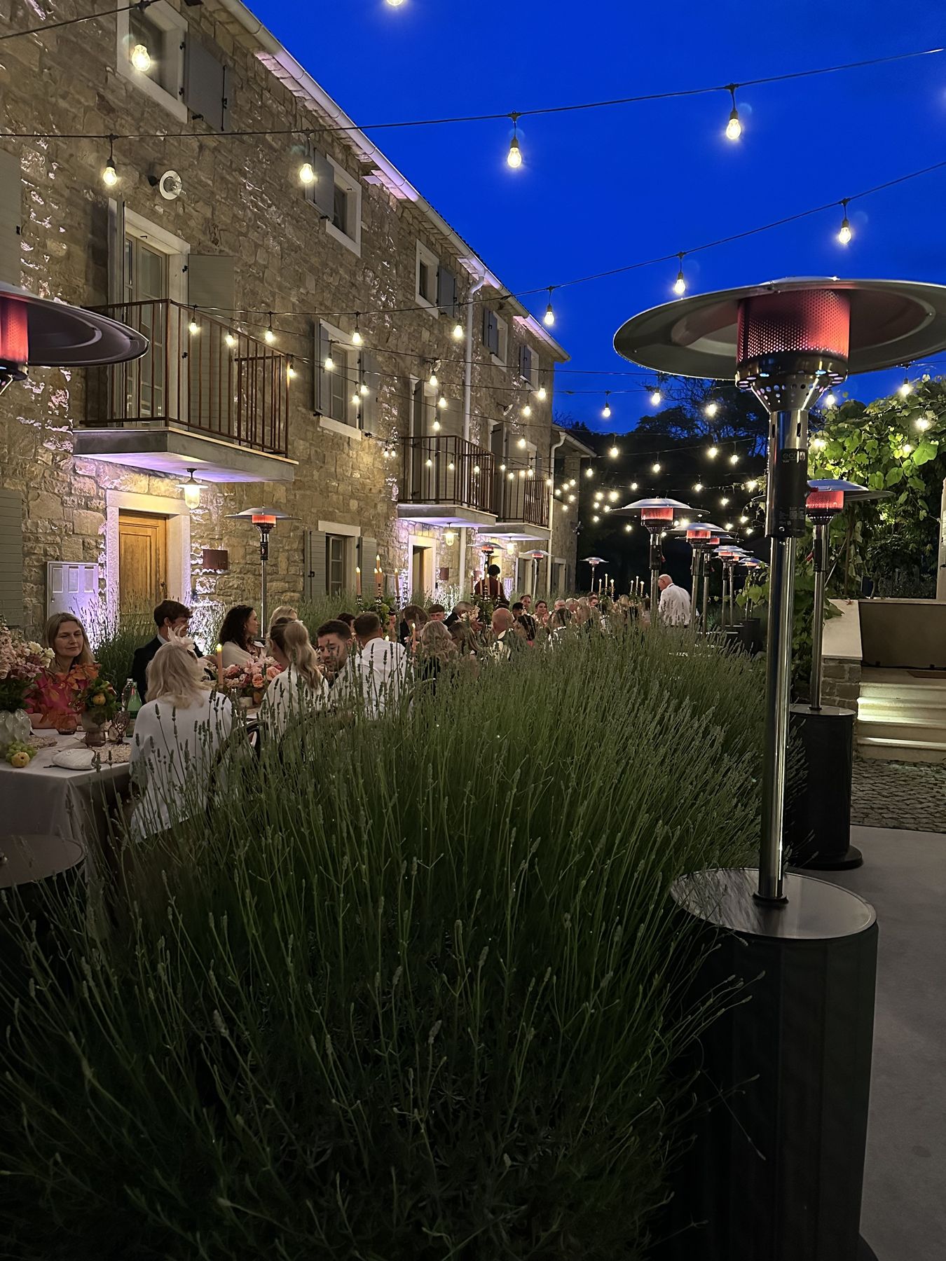 Vjenčanje u Istri – dugi stol u dvorištu kamenog istarskog dvorca, lavanda u prvom planu, string lights u suton
